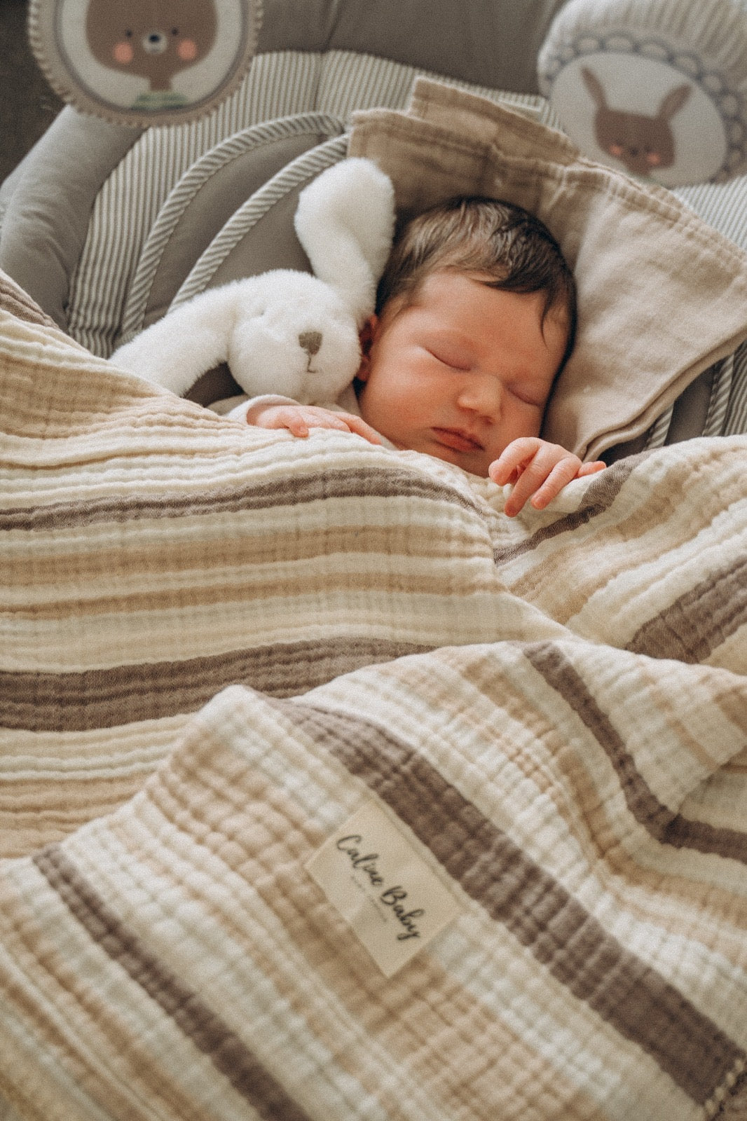 4 Kat Müslin Battaniye Çizgili Çoban Dikişli 110*110cm - Bej