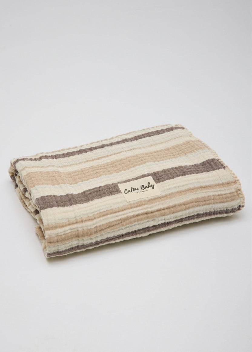4-Layer Muslin Blanket with Striped Shepherd Stitch 110x110cm - Beige