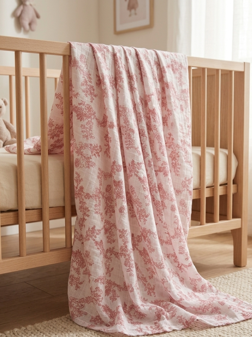 Müslin Bezi Örtü Flora Desen - Kırmızı 120x120 cm + 4 Adet Ağız Mendili