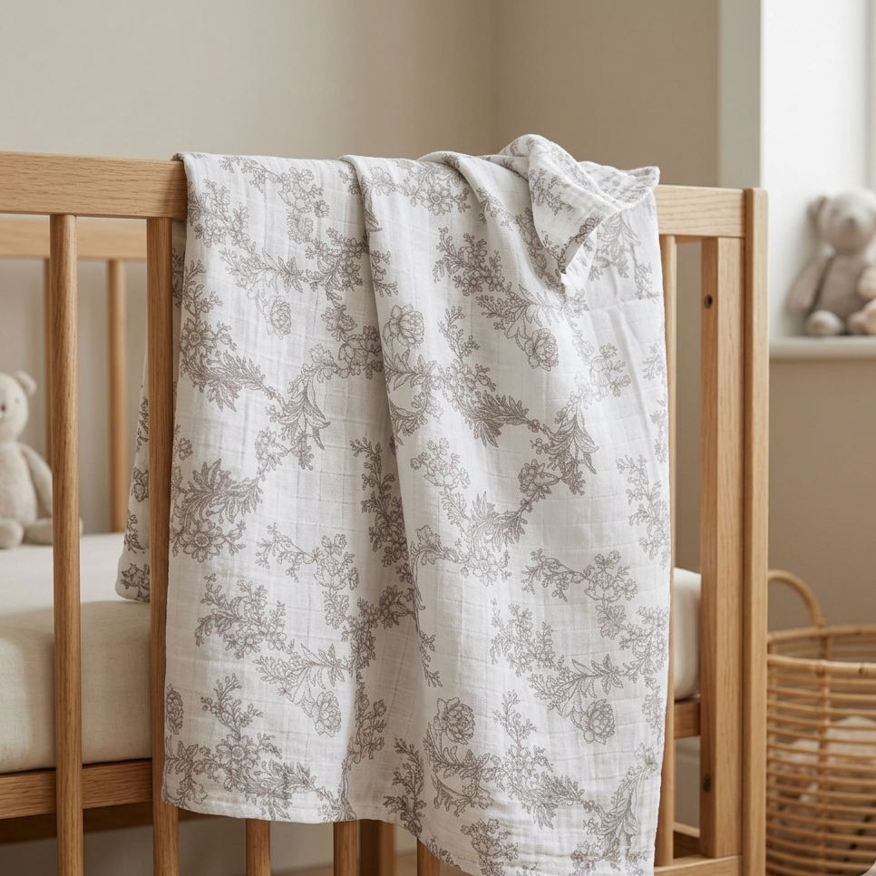Müslin Bezi Örtü Flora Desen - Bej 120x120 cm + 4 Adet Ağız Mendili