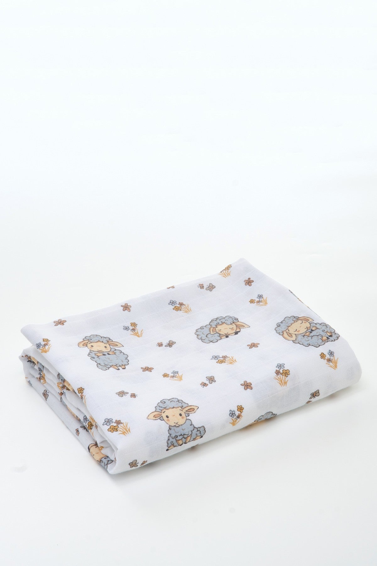 Müslin Bezi Örtü Kuzu Desen - Gri 120x120 cm + 4 Adet Ağız Mendili