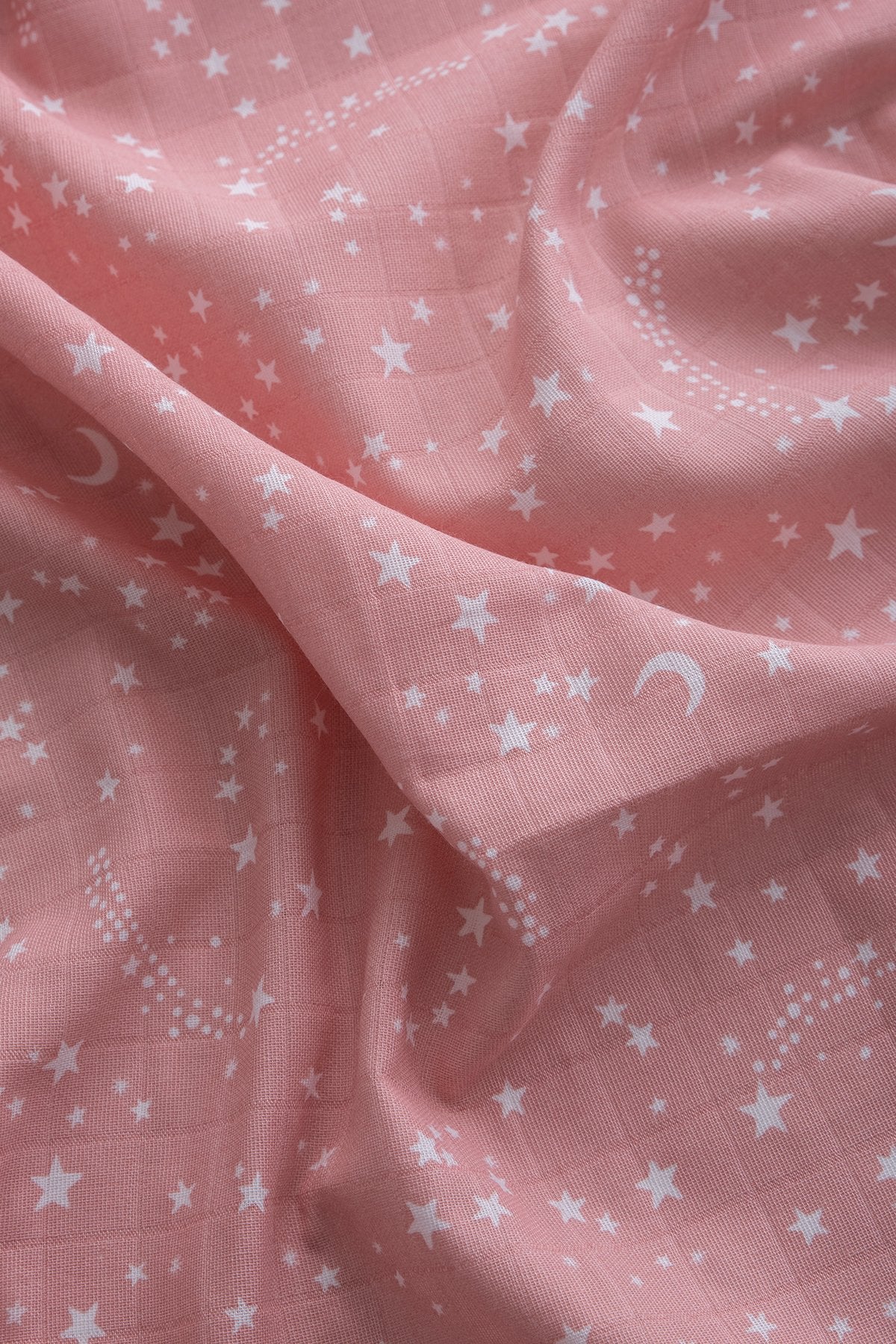 Müslin Bezi Örtü Yıldız Desen - Pembe 120x120 cm + 4 Adet Ağız Mendili