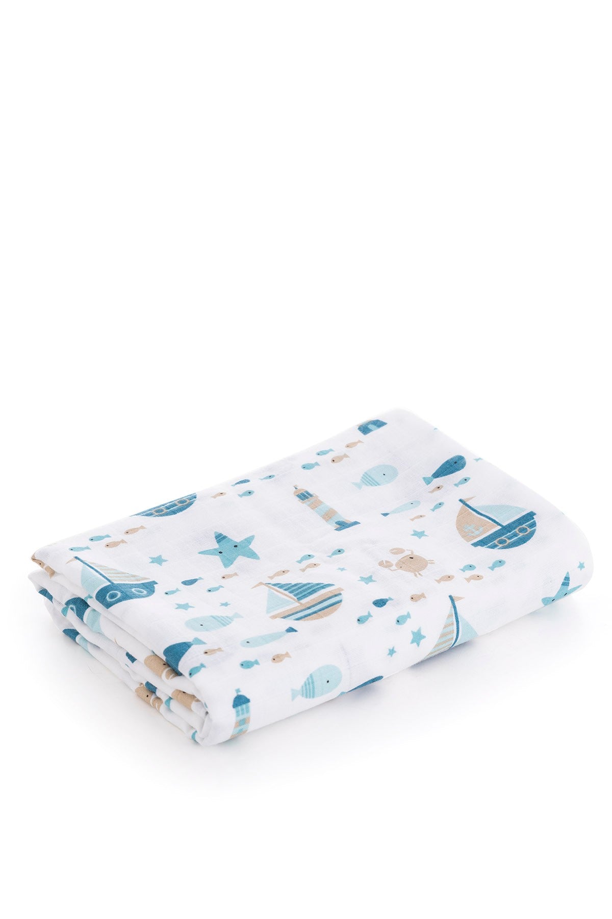 Muslin Fabric Ship Pattern Turquoise 120x120 cm + 4 Burp Cloths