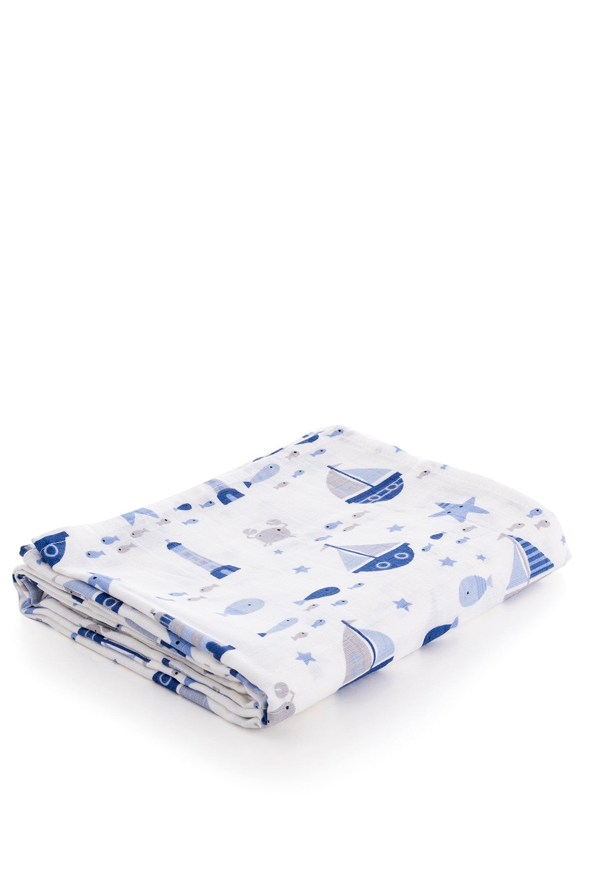 Müslin Bezi Gemi Desen Mavi 120x120 cm + 4 Adet Ağız Mendili