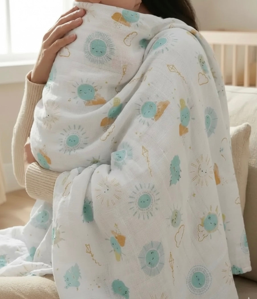 Muslin Cloth Blanket Sun Pattern - Green 120x120 cm + 4 Burp Cloths