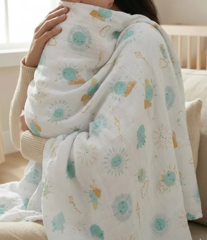 Muslin Cloth Blanket Sun Pattern - Green 120x120 cm + 4 Burp Cloths