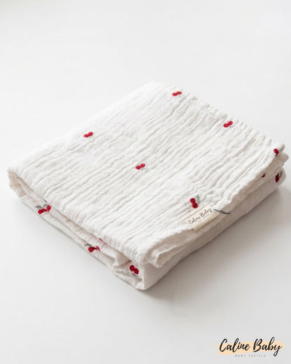 2-Layer Embroidered Muslin Cherry Pattern Red - 110x110 cm
