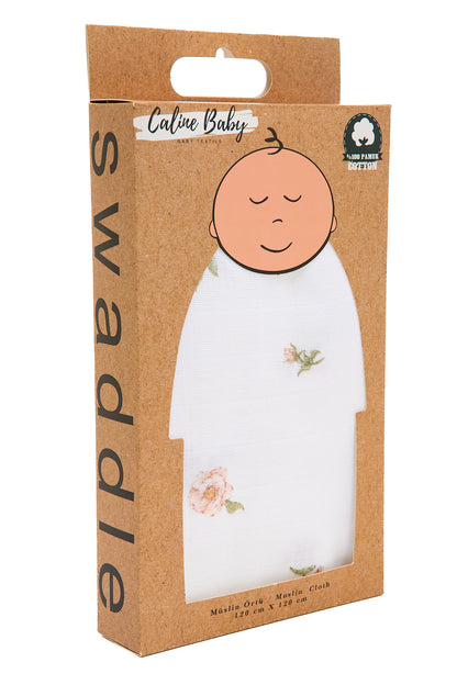 Müslin Bezi Örtü Gül Desen- Beyaz 120x120 Cm + 4 Adet Ağız Mendili