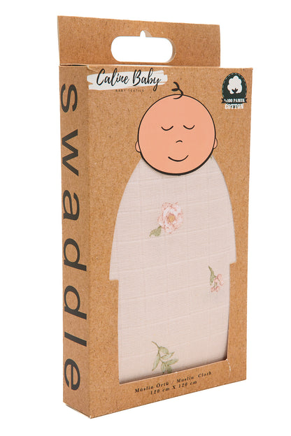 Müslin Bezi Örtü Gül Desen- Pudra 120x120 Cm + 4 Adet Ağız Mendili