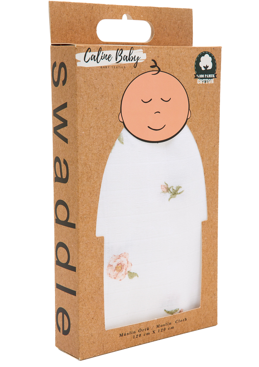 Müslin Bezi Örtü Gül Desen- Beyaz 120x120 Cm + 4 Adet Ağız Mendili