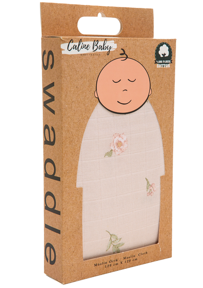 Müslin Bezi Örtü Gül Desen- Pudra 120x120 Cm + 4 Adet Ağız Mendili