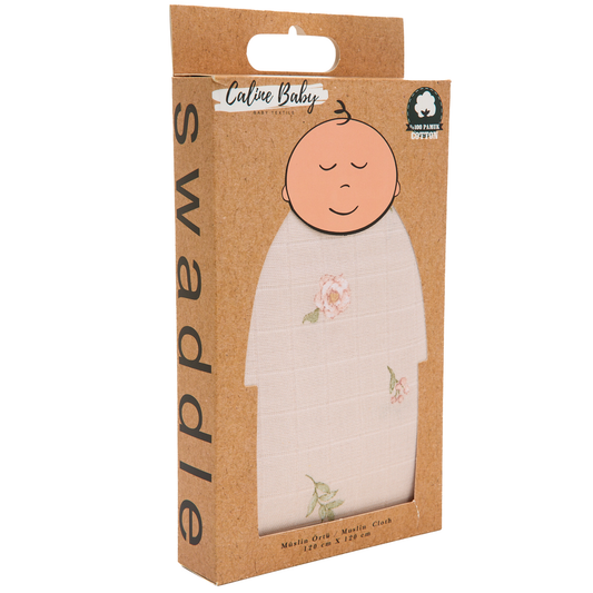 Müslin Bezi Örtü Gül Desen- Pudra 120x120 Cm + 4 Adet Ağız Mendili