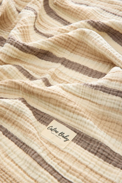 4 Kat Müslin Battaniye Çizgili Çoban Dikişli 110*110cm - Bej
