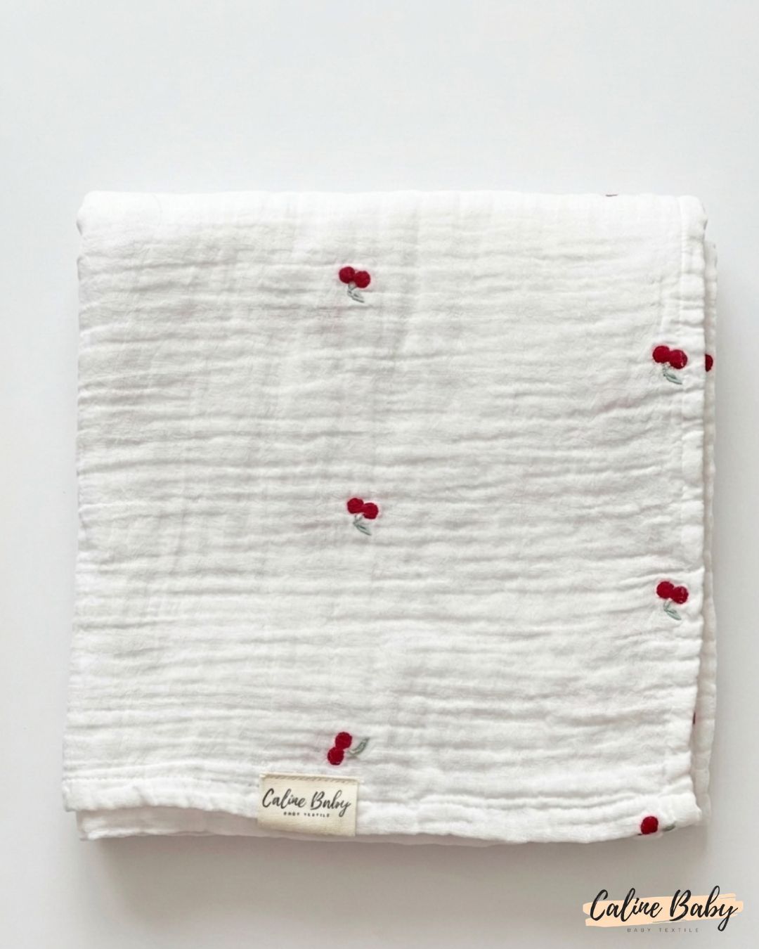 2-Layer Embroidered Muslin Cherry Pattern Red - 110x110 cm