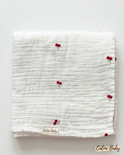 2-Layer Embroidered Muslin Cherry Pattern Red - 110x110 cm