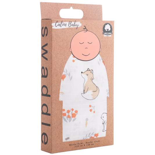 Muslin Cloth Blanket Fox Pattern - Beige 120x120 cm + 4 Pcs Burp Cloths