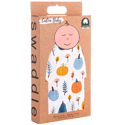 Muslin Cloth Pumpkin Pattern Blue 120x120 cm + 4 Pcs Burp Cloth