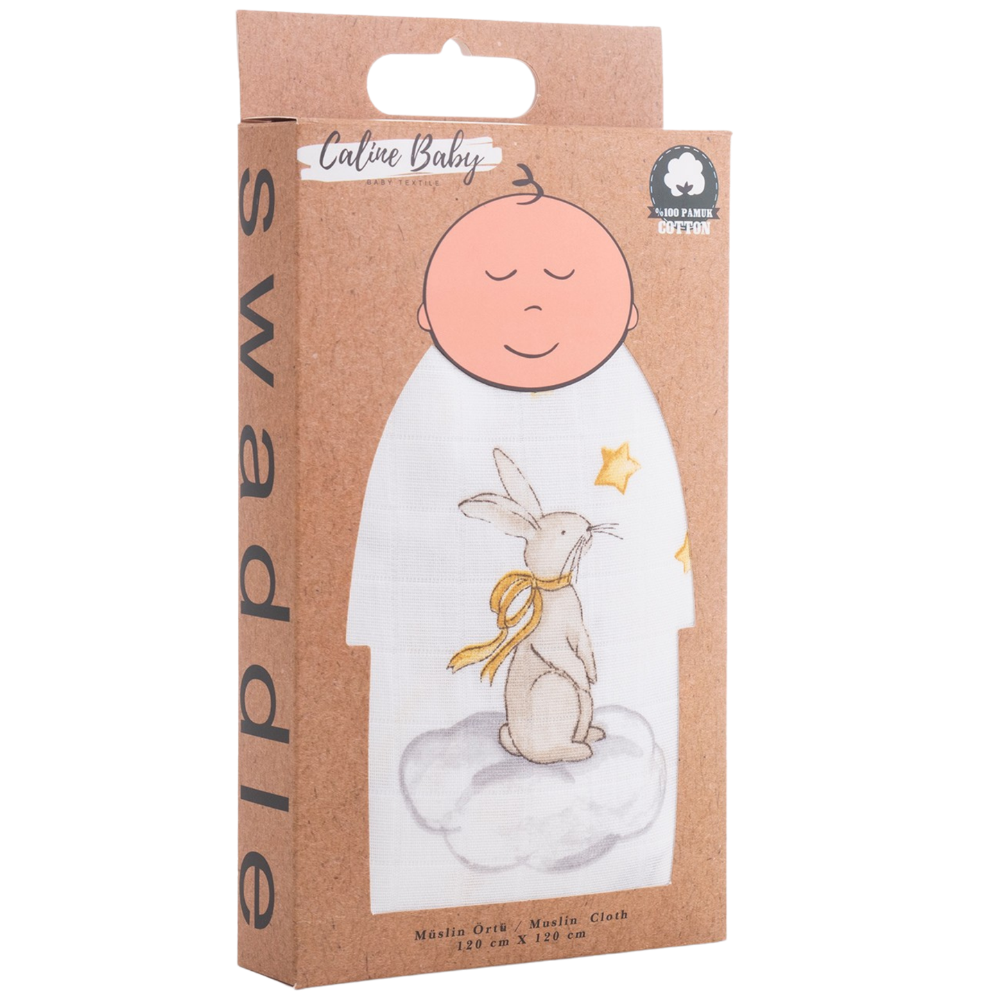 Müslin Bezi Örtü Tavşan Desen - Bej 120x120 cm + 4 Adet Ağız Mendili