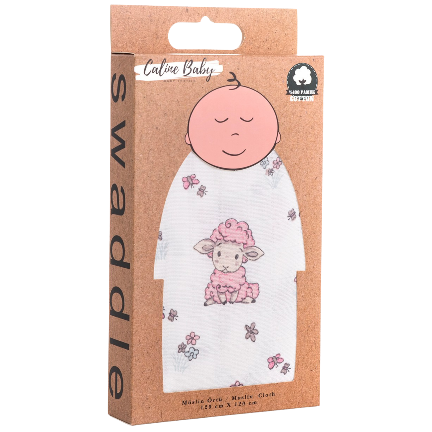 Müslin Bezi Örtü Kuzu Desen - Pembe 120x120 cm + 4 Adet Ağız Mendili