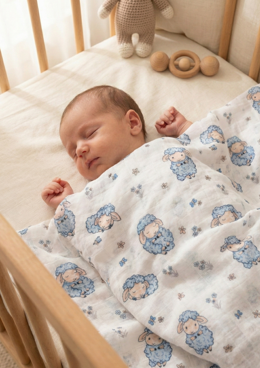 Müslin Bezi Örtü Kuzu Desen - Mavi 120x120 cm + 4 Adet Ağız Mendili