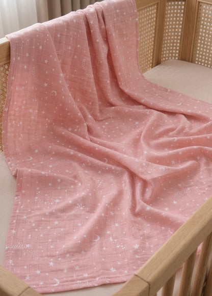 Muslin Cloth Blanket Star Pattern - Pink 120x120 cm + 4 Burp Cloths