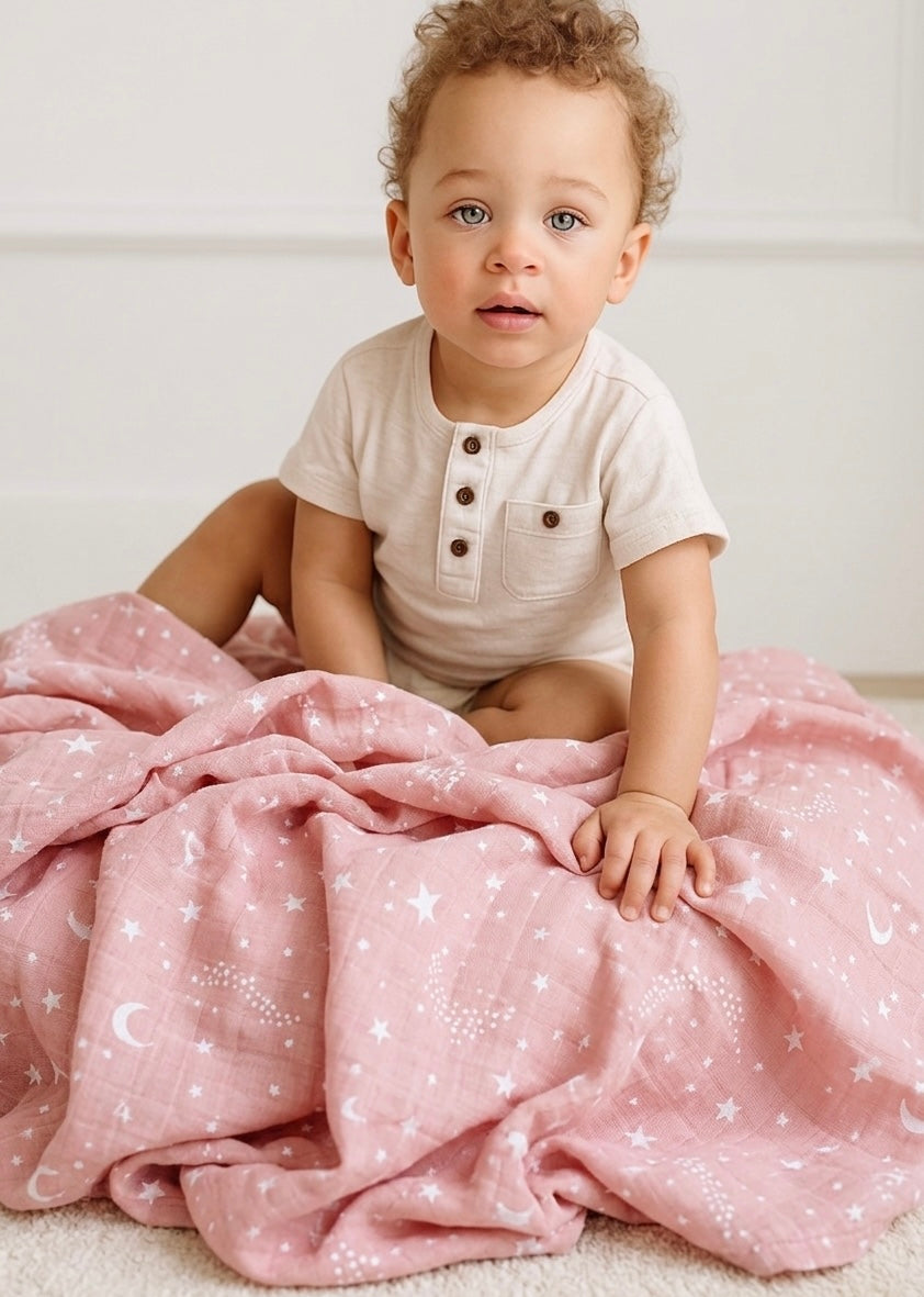 Muslin Cloth Blanket Star Pattern - Pink 120x120 cm + 4 Burp Cloths