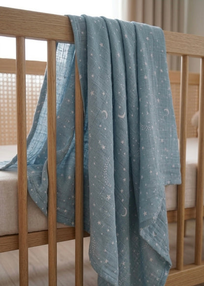 Muslin Fabric Cover Star Pattern - Blue 120x120 cm + 4 Burp Cloths
