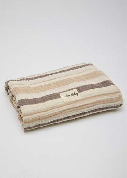 4-Layer Muslin Blanket with Striped Shepherd Stitch 110x110cm - Beige