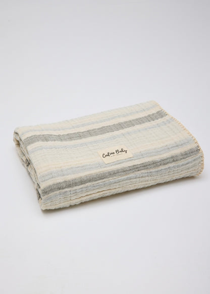 4-Layer Muslin Blanket Striped with Shepherd Stitch 110x110cm - Blue