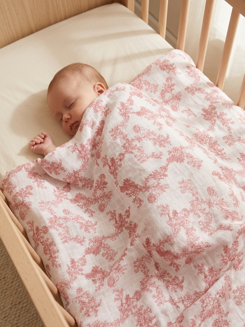 Müslin Bezi Örtü Flora Desen - Kırmızı 120x120 cm + 4 Adet Ağız Mendili