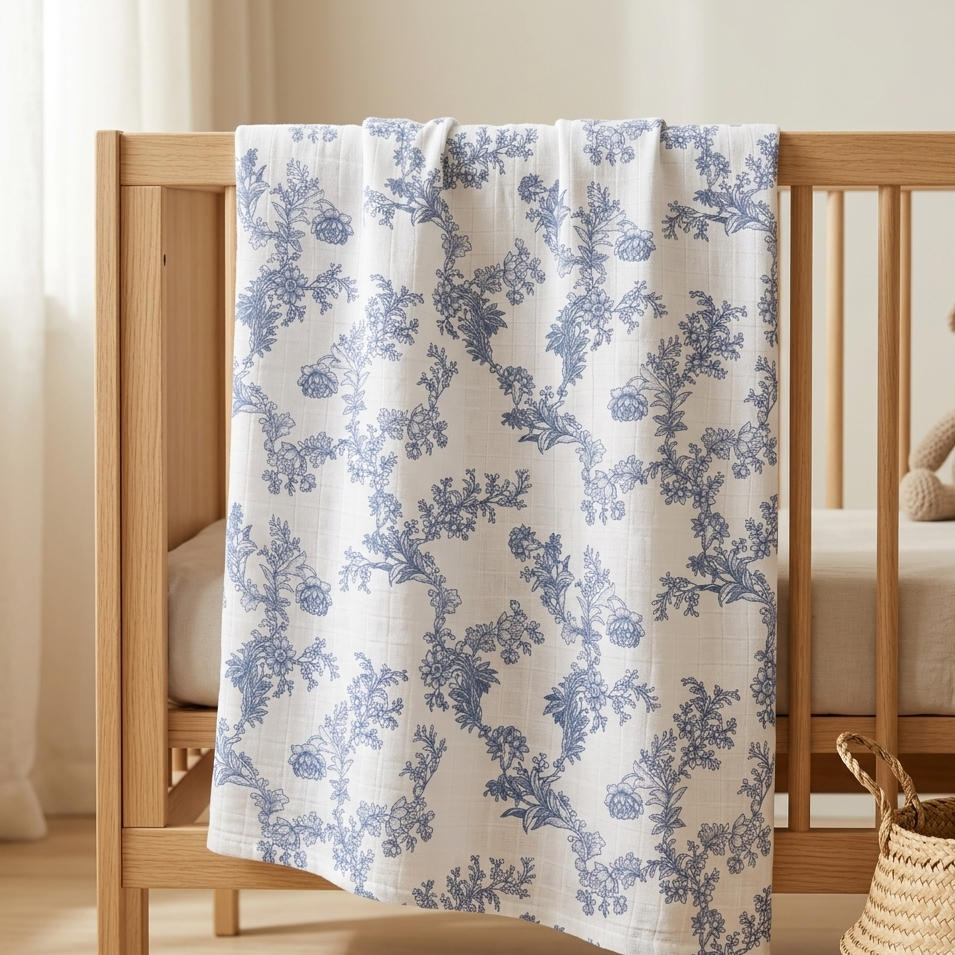 Müslin Bezi Örtü Flora Desen - Mavi 120x120 cm + 4 Adet Ağız Mendili
