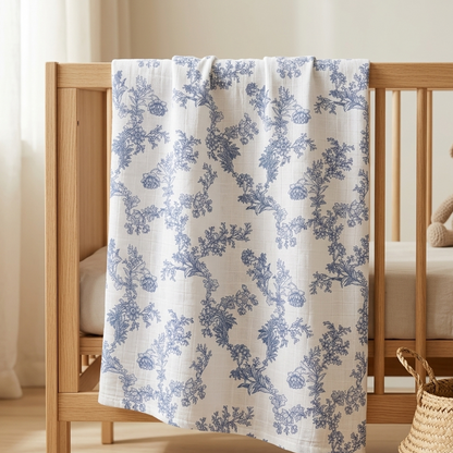 Müslin Bezi Örtü Flora Desen - Mavi 120x120 cm + 4 Adet Ağız Mendili