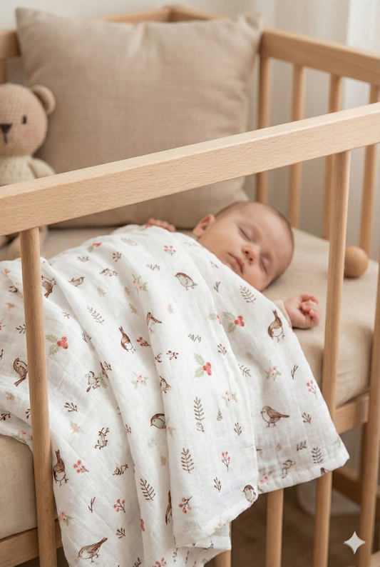 Müslin Bezi Kuş Desen Kahve 120x120 cm + 4 Adet Ağız Mendili