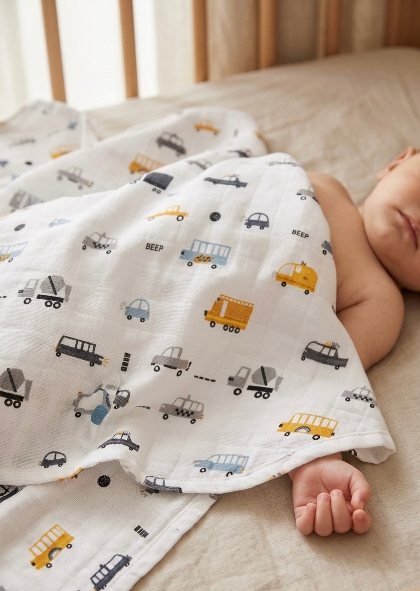Muslin Cloth Blanket Car Pattern - Grey 120x120 cm + 4 Pcs Burp Cloths