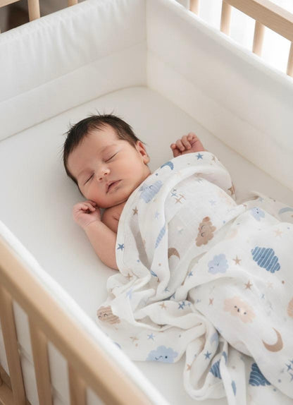 Müslin Bezi Örtü Bulut Desen Mavi 120x120 cm + 4 Adet Ağız Mendili