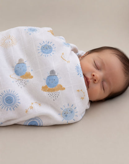 Muslin Cloth Blanket Sun Pattern - Blue 120x120 cm + 4 Burp Cloths