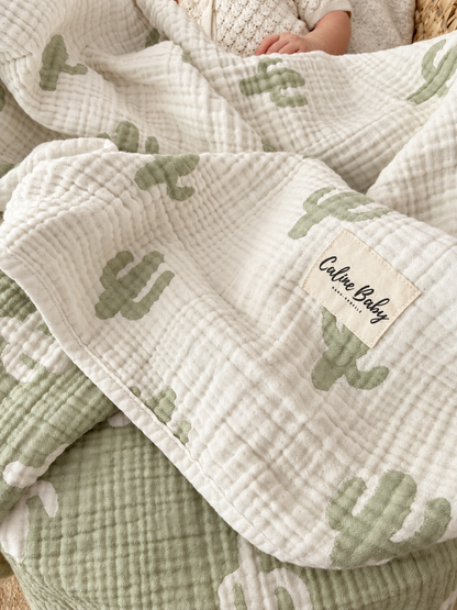 4-Layer Jacquard Muslin Blanket 110x110cm - Cactus Pattern Green