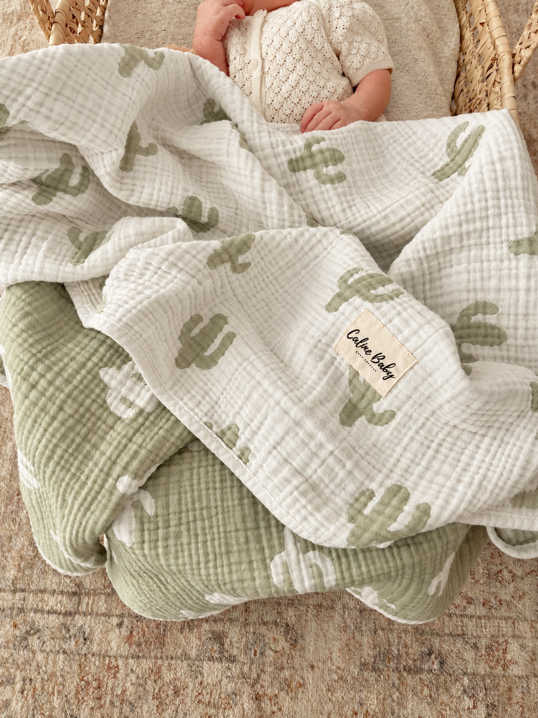 4-Layer Jacquard Muslin Blanket 110x110cm - Cactus Pattern Green