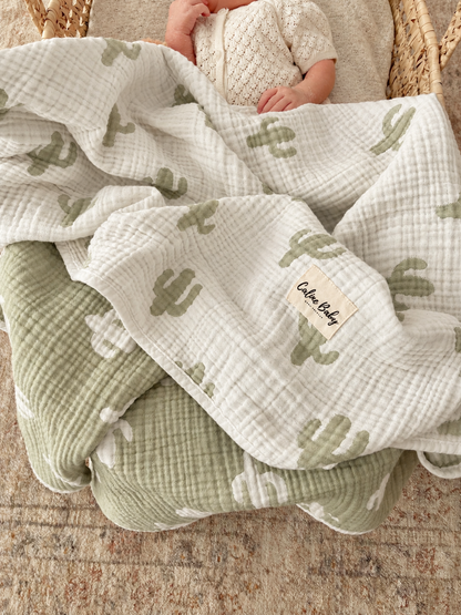 4-Layer Jacquard Muslin Blanket 110x110cm - Cactus Pattern Green