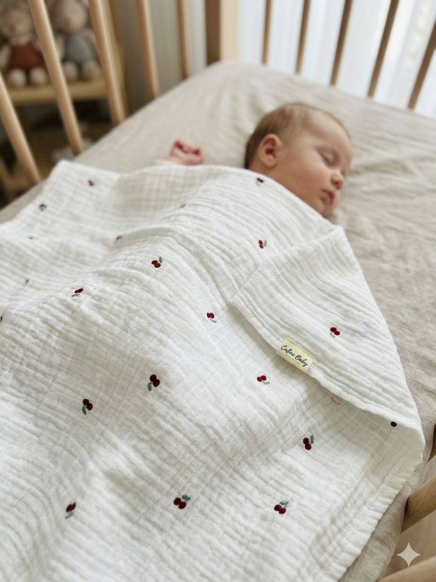2-Layer Embroidered Muslin Cherry Pattern Red - 110x110 cm