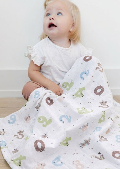 Muslin Fabric Cover Number Pattern - Green 120x120 cm + 4 Pcs Burp Cloths