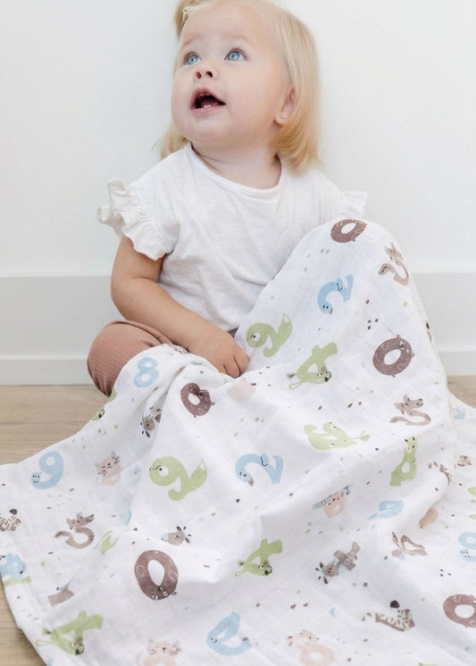 Muslin Fabric Cover Number Pattern - Green 120x120 cm + 4 Pcs Burp Cloths