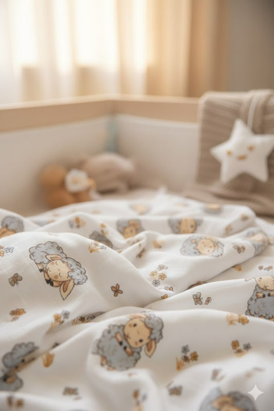 Müslin Bezi Örtü Kuzu Desen - Gri 120x120 cm + 4 Adet Ağız Mendili